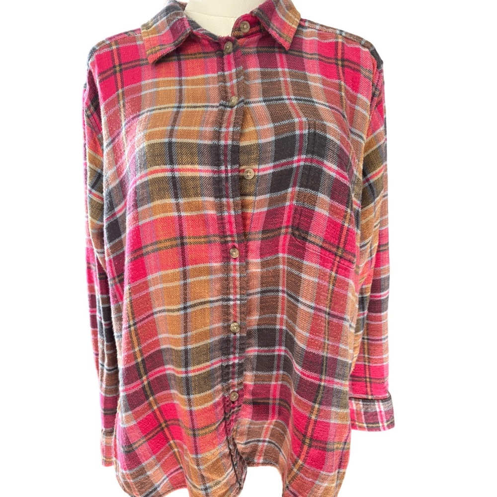 American Eagle Boyfriend Fit Flannel Shirt Pink Orange Plaid Button Down Small